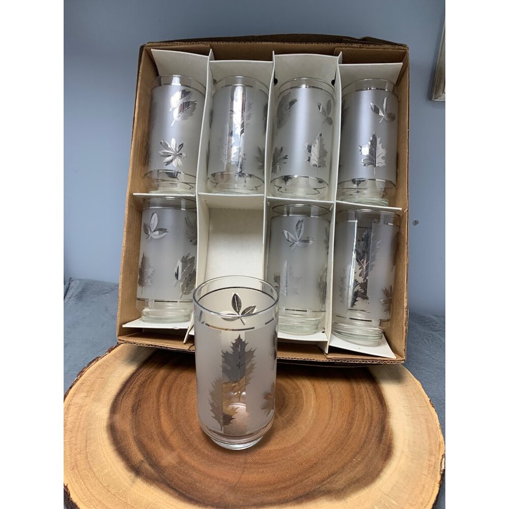 Vintage Libbey Silver Foliage 8-Piece Cooler Glass Set 15 Oz 1950s
